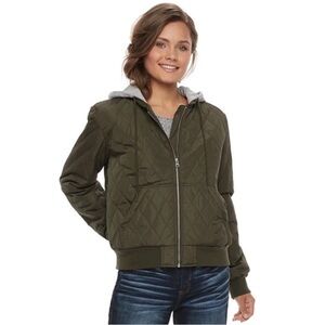 Pink Republic Olive Green Lightweight Quilted Full Zip Puffer Hoodie